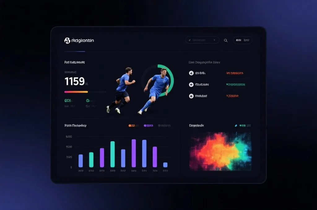 An abstract sports data visualization screen, showing football player performance metrics, bar charts, heatmaps, clean modern dark mode UI